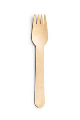Wooden disposable fork isolated on white background. Timber biodegradable fork made of natural eco recycle reusable material.