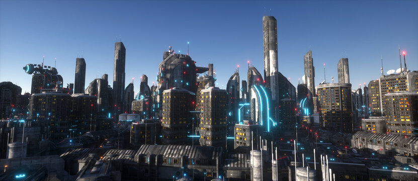 Neon city of a future. Industrial zone in a futuristic city. Wallpaper in a cyberpunk style. Grunge cityscape with bright neon lights and huge futuristic buildings. 3D illustration.