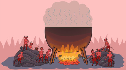 Devils heat a cauldron in hell for sinners.