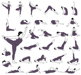 Fototapeta na wymiar Set of vector icons of woman doing yoga and fitness exercises. Silhouettes of girl stretching and relaxing her body in different yoga poses. Contours of yoga woman isolated on white background.