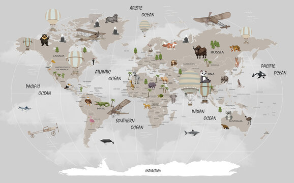 World Map Animals For Kids Room Wallpaper Design
