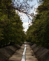 Water stream in an urban channel between the trees