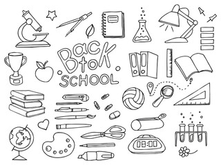 School doodle illustration set. Back to school lettering, elements and icons. Colorless design. Children education hand drawn drawings
