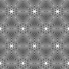 Abstract seamless pattern. Black lines on a white background, stars and petals, triangles. Vector illustration for backgrounds, wallpaper, fabric, wrapping paper, textures