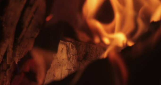 Flames of a fireplace close up on logs