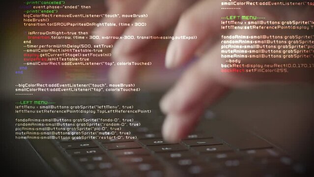 
Close Up of Hands Typing Code on Laptop Keyboard. Layers Of Program Code Appearing.  
Hacker, Surveillance, Security System, Internet Of Things, AI.