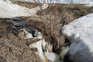 running spring stream from the mountain and thawing