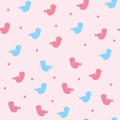 Seamless pattern. Human embryo and heart. Small babies, boys and girls. Cute silhouettes on pink background