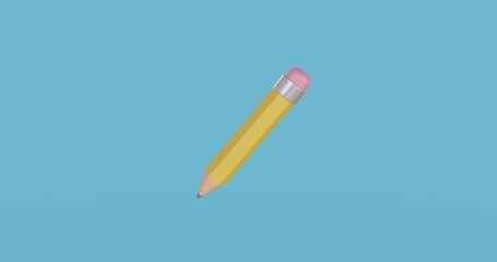 Yellow pencil on a blue background. A simple wooden pencil with an eraser hanging in the air. Stationery. Office, school supplies. 3D high-quality illustration. Object is placed in center of the image