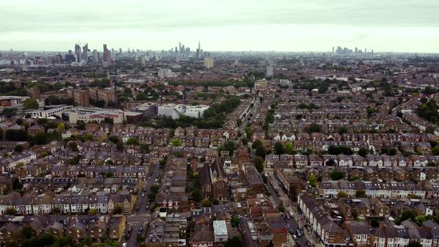 Drone footage of the Balham area with central London in the background.