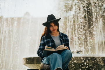 mujer sentada al costado de una pileta leyendo un libro. Concepto de personas y estilos de vida.