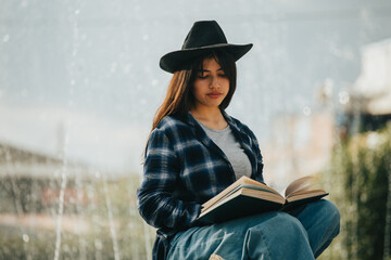 mujer sentada al costado de una pileta leyendo un libro. Concepto de personas y estilos de vida.