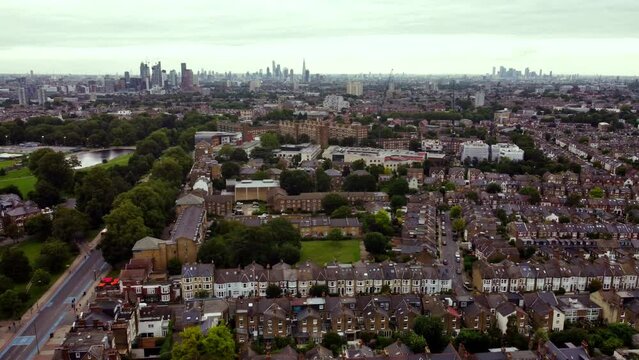 Aerial view of Balham near Clapham Common with skyscrapers in the background.