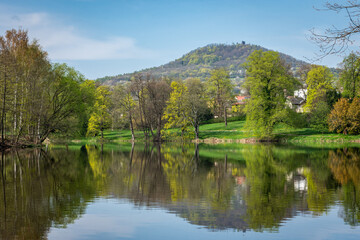 Fototapeta na wymiar Springtime scenery of River Ohře with a view on the ruin of Šumburk castle on the top of the hill