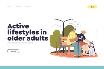 Active lifestyle for older adults concept of landing page with old couple in park with dog