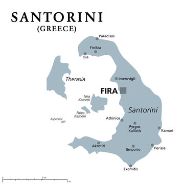 Santorini, an island of Greece, gray political map. Officially Thira and classical Greek Thera. Archipelago and remnant of a caldera in the Aegean Sea, and the southernmost member of the Cyclades.