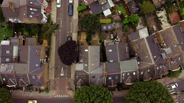 A drone view of the rooftops in Balham, London.