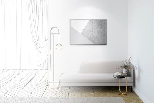 A sketch becomes a real room with a horizontal poster on a white wall, flowers in a vase and books on a coffee table near a bench, a golden floor lamp, a curtained window in the background. 3d render