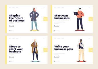 Start business and create startup plan concept of landing pages set with successful businessmen