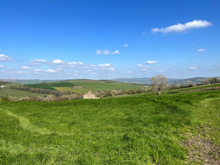 Extensive rural landscape, with fields, valleys, farms, and distant hills on, Grandage Lane, Cowling, UK