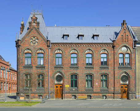 Historical townhouse in the Main Market in Bohumin, Czech Republic. The brick building is the traditional architecture of Silesia