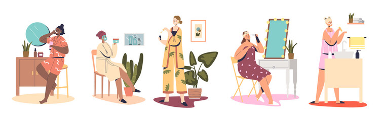 Set of women apply cosmetics for skincare at home. Female use serum oil, tonic, face cream and mask