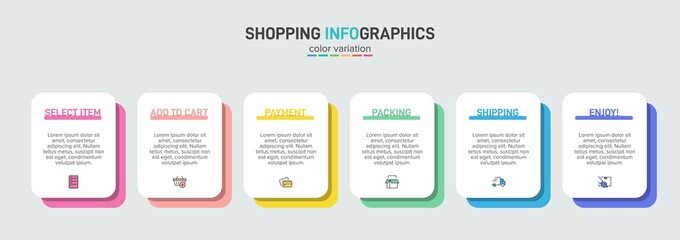 Concept of shopping process with 6 successive steps. Six colorful graphic elements. Timeline design for brochure, presentation, web site. Infographic design layout.