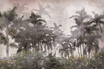 tropische Bäume und Blätter Tapetendesign im nebligen Wald - 3D-Darstellung