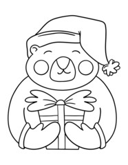 Magic Christmas bear with gift coloring page. Outline winter illustration for kids.