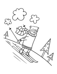 Magic Christmas bear skiing coloring page. Outline winter illustration for kids.