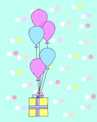 Illustration of a bunch of pink and blue balloons with a gift box