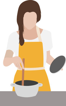 mujer cocinando. cocinera revolviendo una cacerola. vector sin fondo, fondo transparente