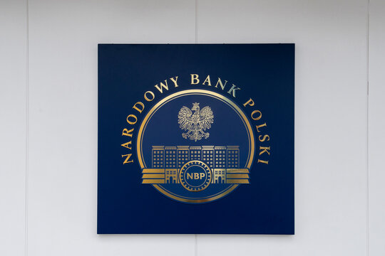 Warsaw, Poland - April 15, 2022: A view of the National Bank of Poland logo 
