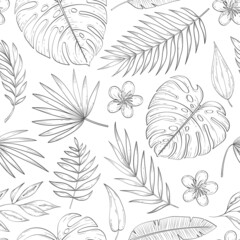Hand drawn tropical leaves. Vector seamless pattern of jungle line leaves, flowers, palm and monstera leaf. Nature floral background for wrapping paper, print, web, summer botanical banner.