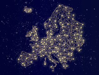 Glowing map of Europe on the night sky