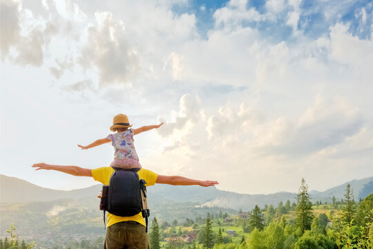 Freedom Mountain Children Hiking Trail Walking Hills. Piggyback Ride Father Child Travel Mountain Kids Freedom Child On Shoulders Dad And Daughter Father Walking Hiking Trip Nature Kid Arms Spread Out