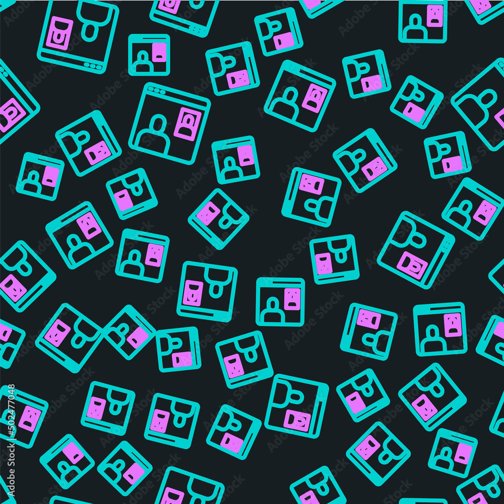 Poster Line Video chat conference icon isolated seamless pattern on black background. Computer with video chat interface active session on screen. Vector