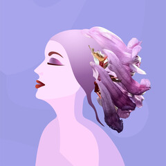 Vector illustration of a girl with flowers instead of hair. Beautiful and elegant woman profile in purple tones
