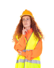 Portrait of attractive cheerful lucky red-haired girl with helmet and reflective vest