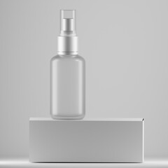 frosted glass bottle oil  cosmetic on the white box a front view 3d render