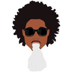 Black vaper man with mustasce in sunglasses with afro hairstyle exhaling steam vapour smoke
