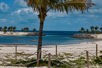 A small bay on a tropical island behind palm tree and ropes of a footpath.