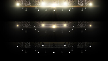 Stage lighting. light gradations. 3D rendering. Yellow light. Spotlight shines on the stage, podium. Bright lighting with spotlights. Isolated in black. Background
