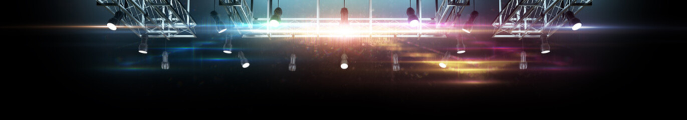 Colorful lights background. Stage lighting. 3D rendering. Spotlight shines on the stage podium. Bright lighting with spotlights. Isolated in black. Background