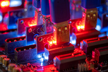 Cryptocurrency equipment mining bitcoin and ethereum electronic money in cyber space close-up. Large-scale motherboard with sensors and LED red and blue lights for close-up cryptocurrency mining.