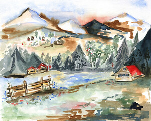 Mountain landscape watercolor illustration. Colorful painting of the mountains, forest, small red roof houses, fence, and a meadow. For greeting cards, postcards, art prints, door mats, posters. 