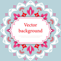 Ornamental pink mandala on blue background with place for text. Square banner