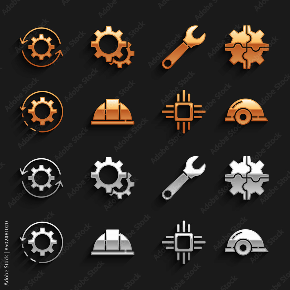 Poster set worker safety helmet, gear, processor with microcircuits cpu, and arrows as workflow, wrench spa