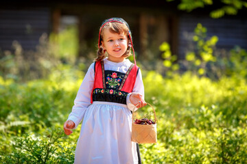 Adorable little girl in Swedish traditional clothes during Midsommar festival - 502481836