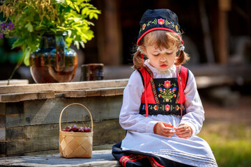 Adorable little girl in Swedish traditional clothes during Midsommar festival - 502481857